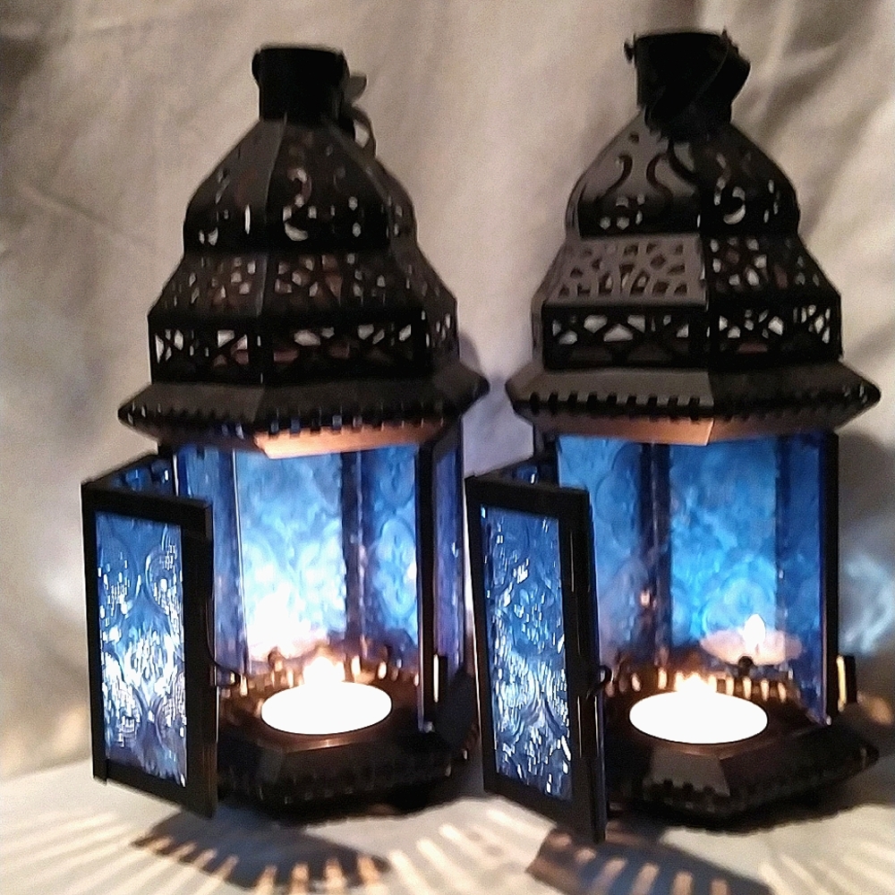 Metal Hanging Candle Holders - Black with Blue stain glass all around.